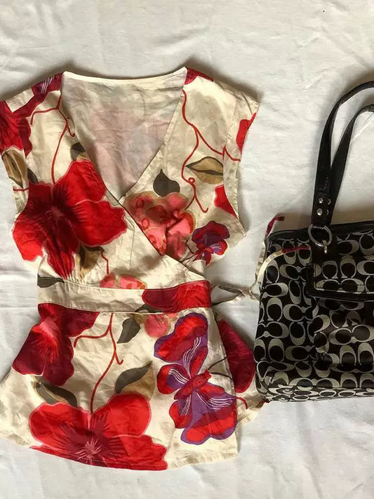 Red V-Neck Printed Top 2026 Hot-Item Shirt Y2K Streetwear Vintage
