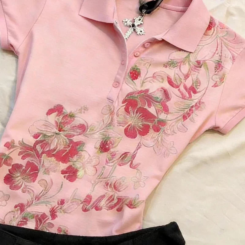 American Retro Vintage Style 2026 Summer New Pink Polo Collar Short-Sleeve Printed Slim-Fit Top