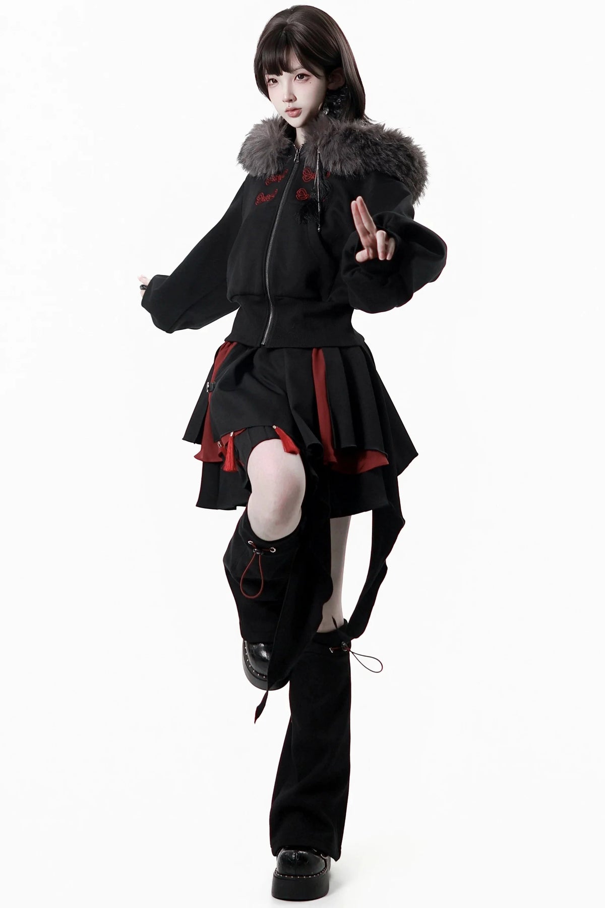 Dark Detachable Fur Jacket + Skirt + Pants