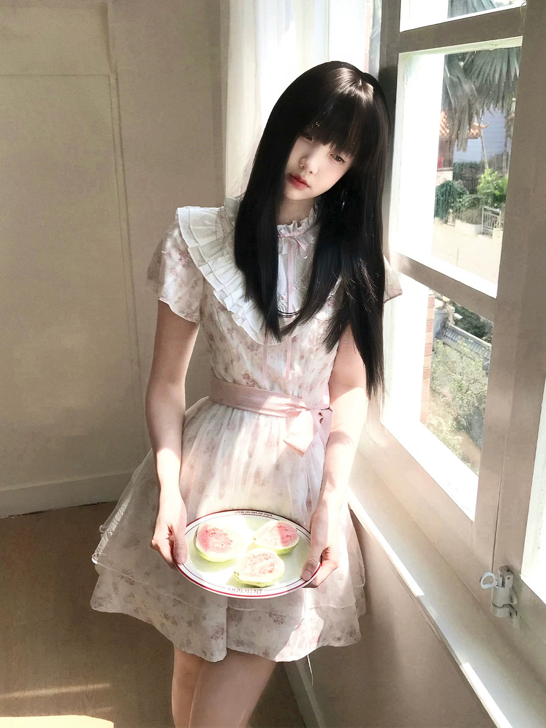 Lalac Sauce Misty Flowers Early Spring Sweet & Playful Floral Dress with 3D Lace, Cinched Waist, Tulle Mesh Short Dress for Women