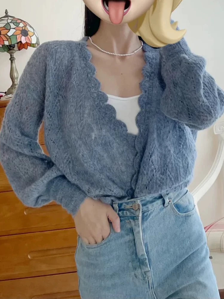 Lace Open Back Mohair Sweater | French Feminine V-Neck Knit Top for Women