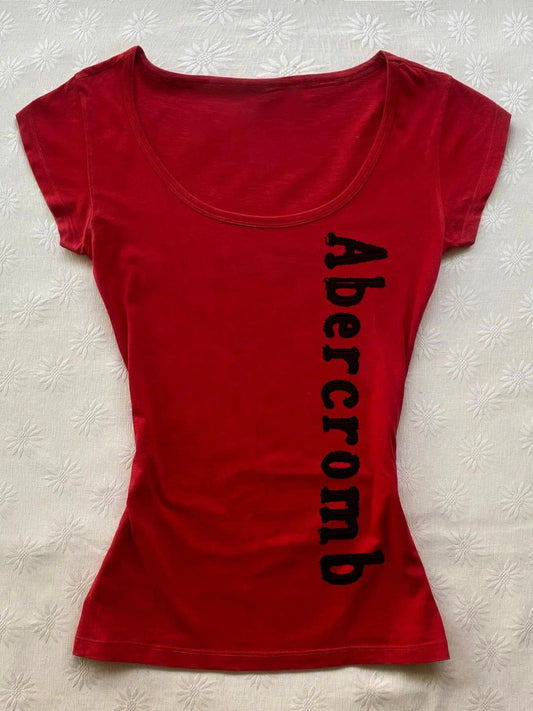 Red Corset-Waist V-Neck Short-Sleeve T-Shirt for Women Summer American Vintage Style Slim-Fit Top, Boutique Design