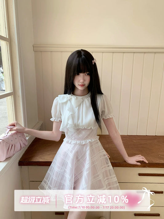LaLa Sauce—Wan Tang Clear-Girl Elegant Water-Drilled Butterfly Bow A-Line Dress
