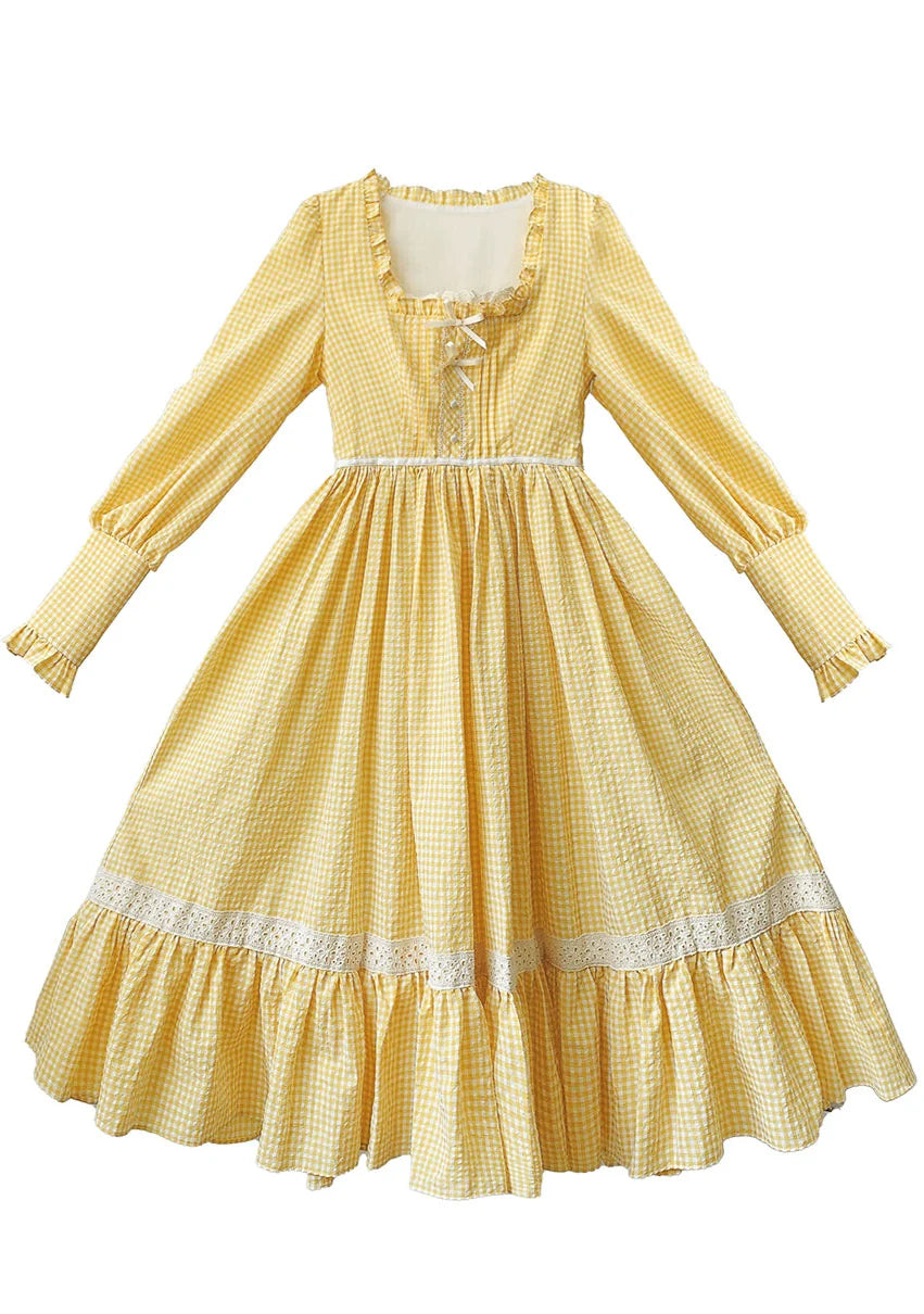 【Pre-order item】Retro Girly Yellow Dress + Apron + Ribbon Dress [long sleeves]
