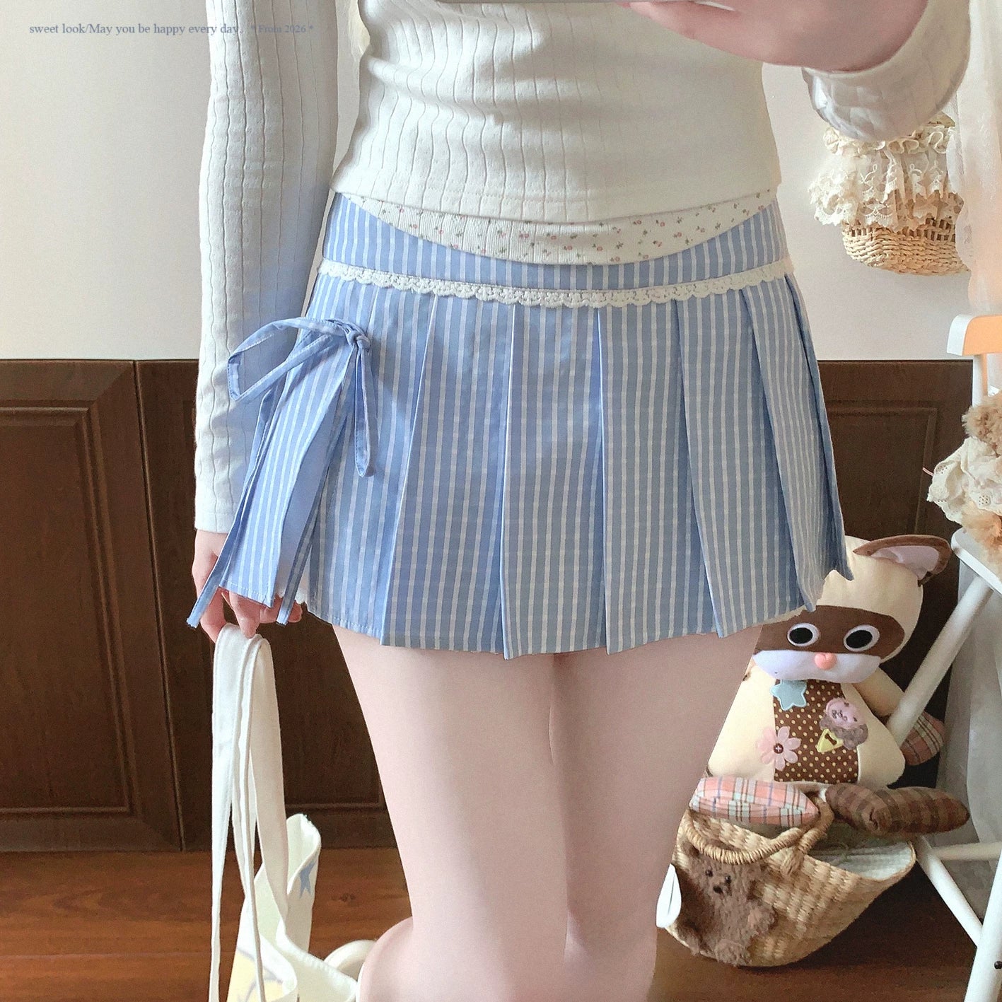Last-Call NCX* Summer Fresh Sea-Salt Blue Check Lace Sweet High-Waisted Pleated Midi Skirt