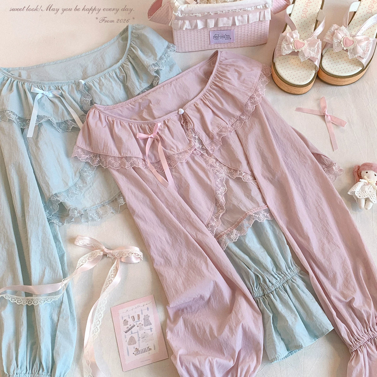 Sleepingdoll Handmade* Lace Ruffle Collar Gentle-Style Tied Ribbon Lace-Up Chiffon Long-Sleeve Cardigan Outerwear