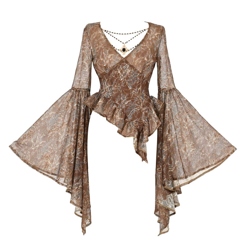 Embroidered V-neck Mesh Ruffled Top