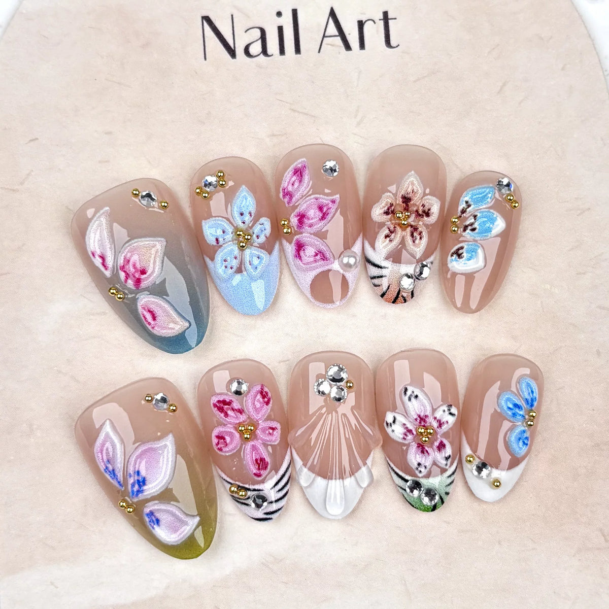 Blue Pink 3D Floral Press-On Nails | Coquette Almond French Tips