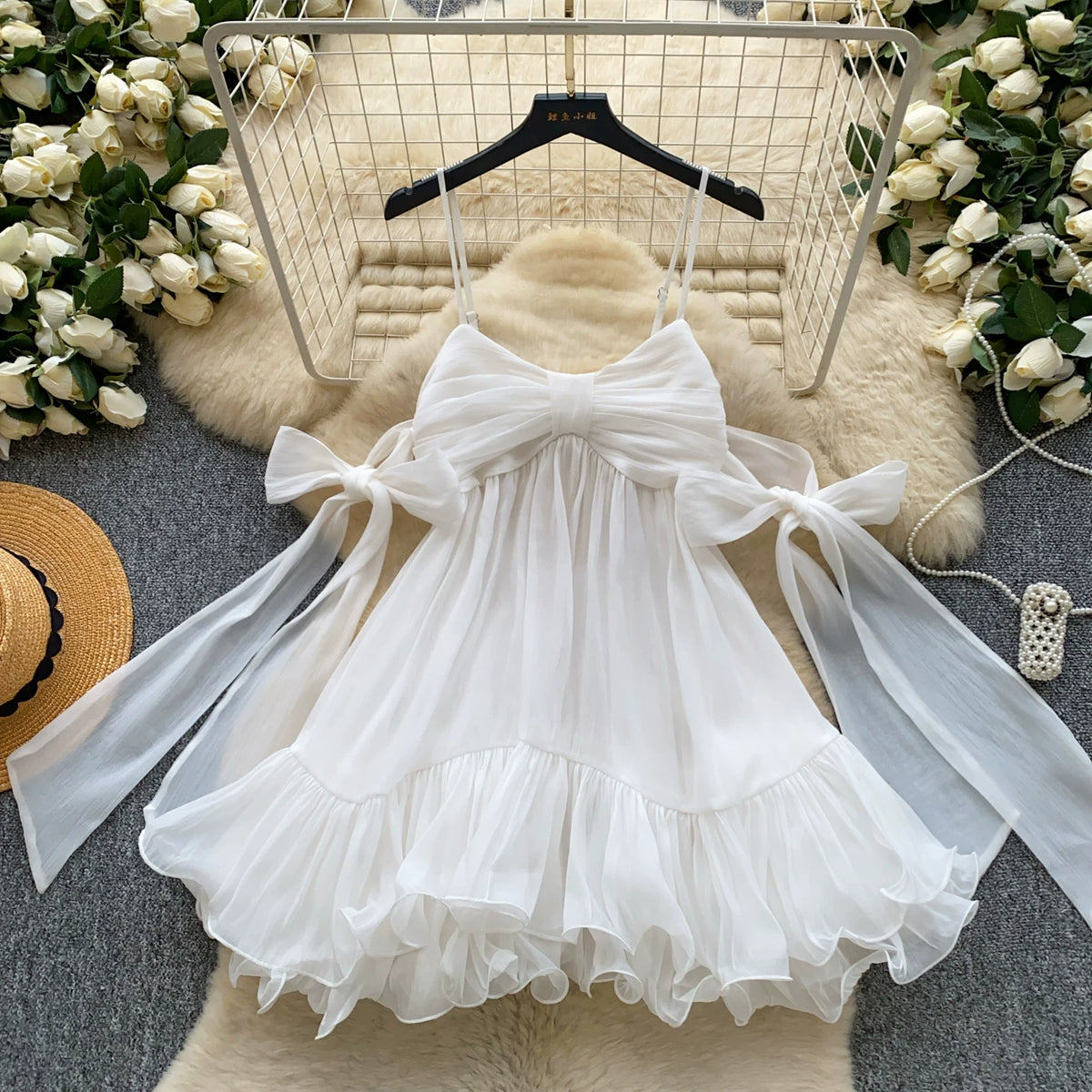 Bow Tie Ruffle Dress | French Girl A-Line Spaghetti Strap Dress for Women