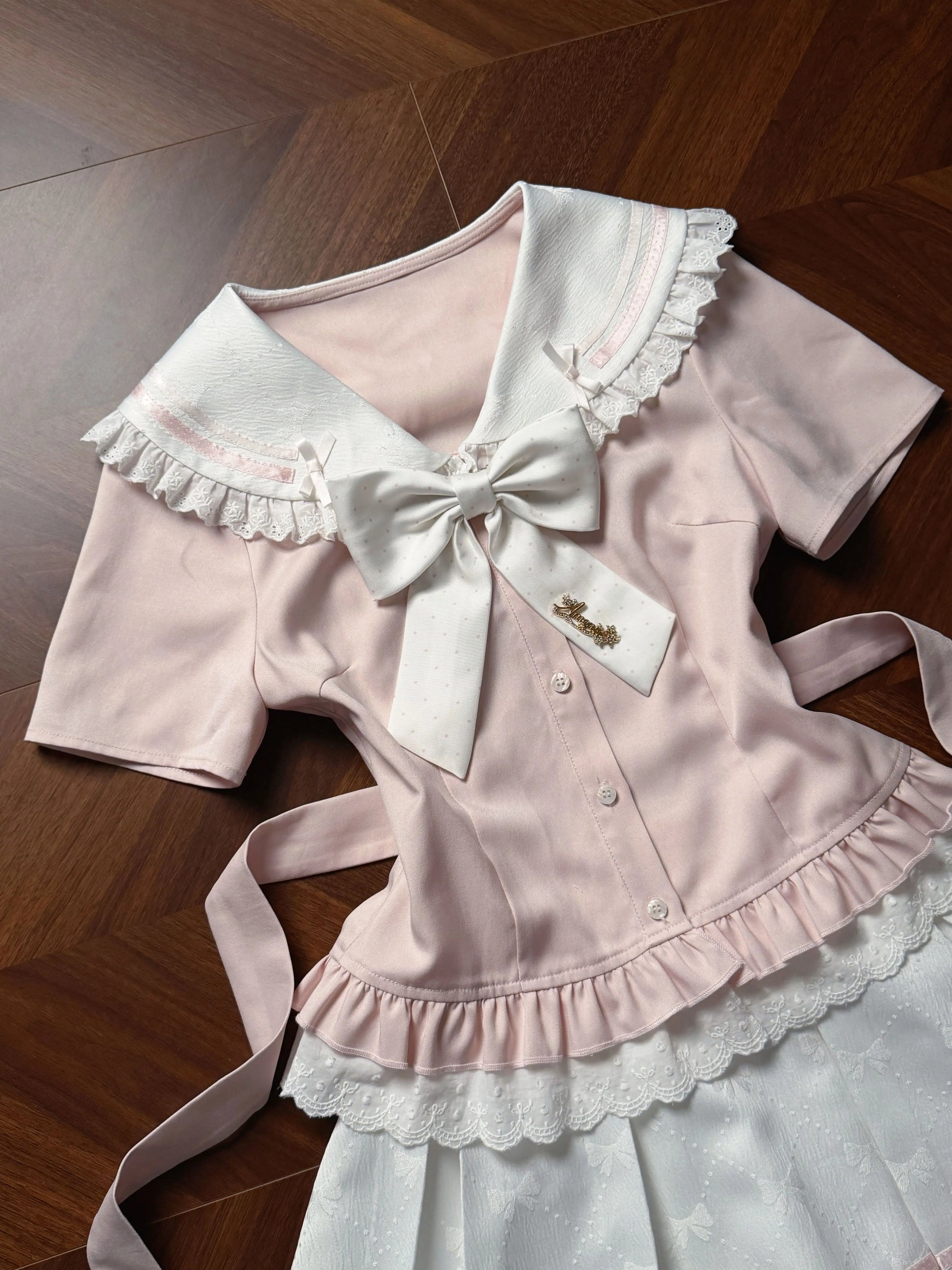 La La Sauce Sakura White Chocolate Japanese College Style Sweet Girl Short-Sleeve Shirt Fitted Top + Skirt Set