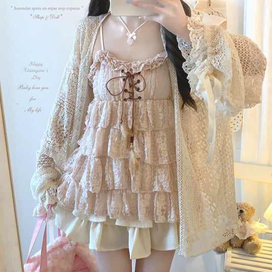 Sleepingdoll Handmade Soft Cake Dress | Forest-Inspired Retro Tiered Lace Beaded Strap Tie Cami Top