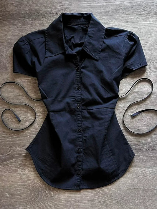 Vintage Blue Short-Sleeve Shirt for Women Summer Fitted Waist Elegant Top