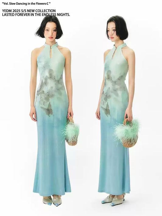 Butterfly Print Halter Neck Qipao Dress