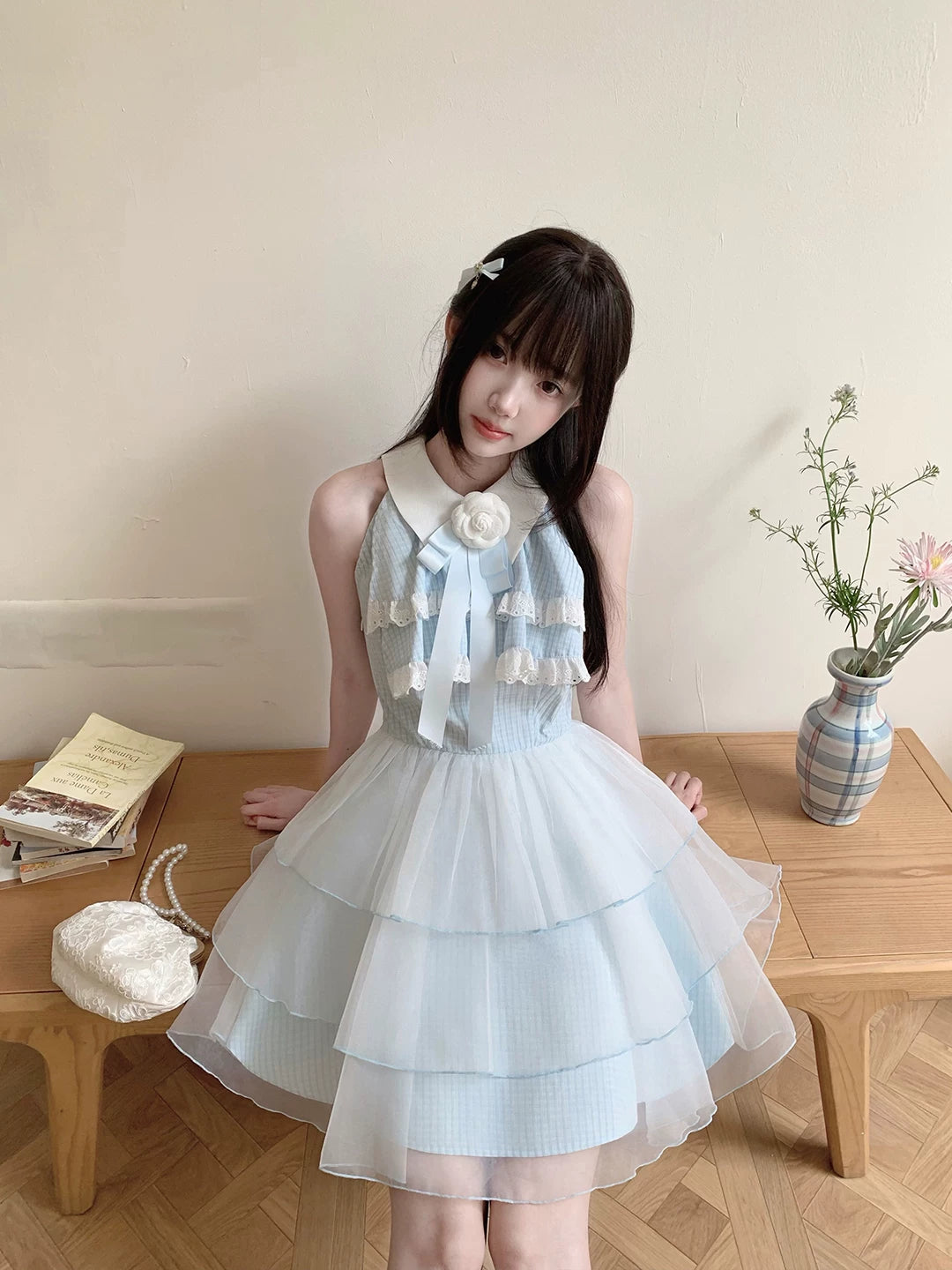 LaLa Sauce Dreaming Mirror Sea Salt Girl Off-Shoulder Dress with Camellia, Butterfly Bow, Mesh Tulle Cake Princess Skirt