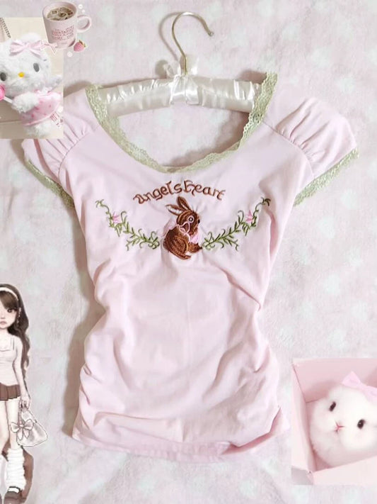 Pink Bunny Embroidery Patchwork Lace Slimming Top for Women Summer Sweet Cute Forest-Inspired Style