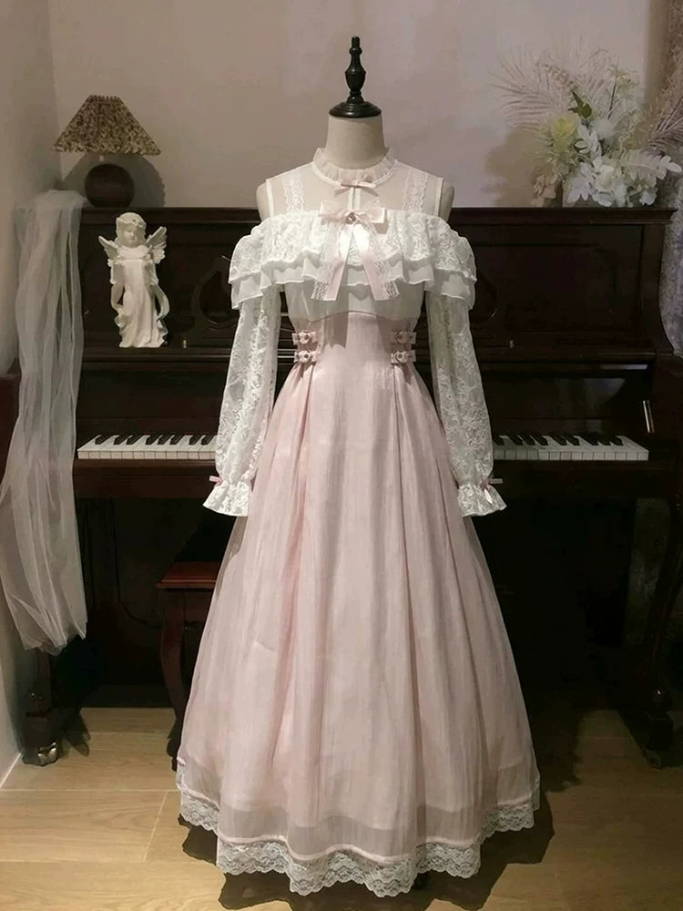 White Pink Clear-Style Lace Off-Shoulder Long Sleeve Fitted Midi Dress Lolita Dress