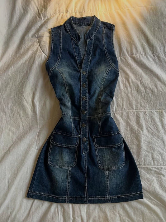 Vintage-Inspired Blue Sleeveless Denim Bodycon Midi Dress for Women, Summer Slimming Fit, Niche Chic Style