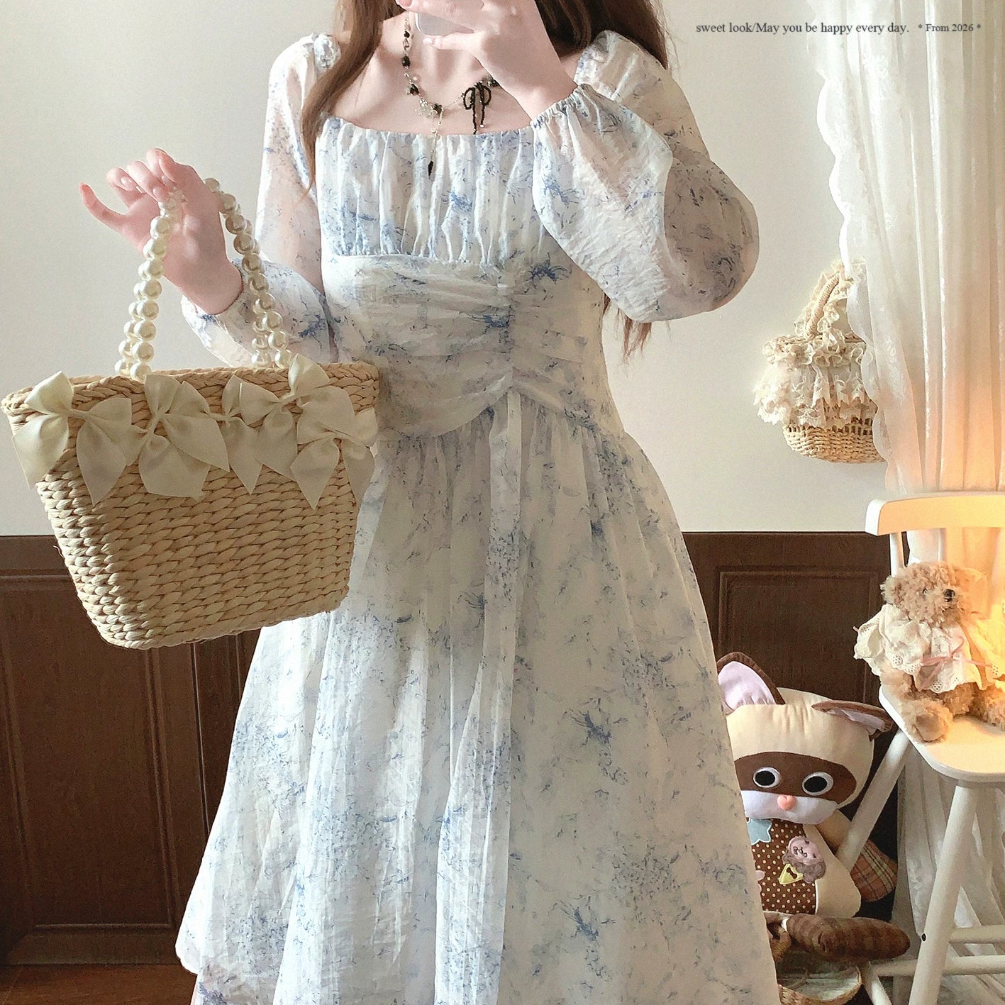 Last-Stock Sale dod* French Tea-Party Dress Elegant Pleated Square Neck Watercolor Hand-Painted Print Midi Dress