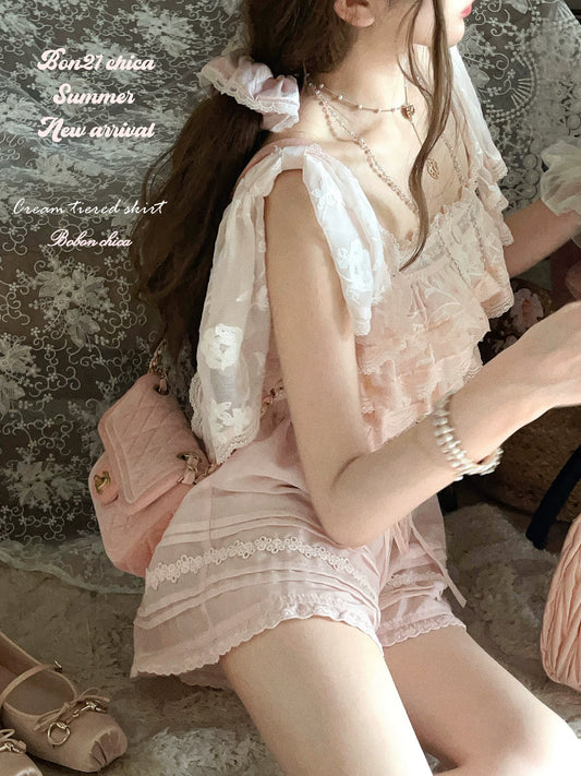 Sicily Holiday French Puff-Sleeve Camisole Embroidered Chiffon Top T2408