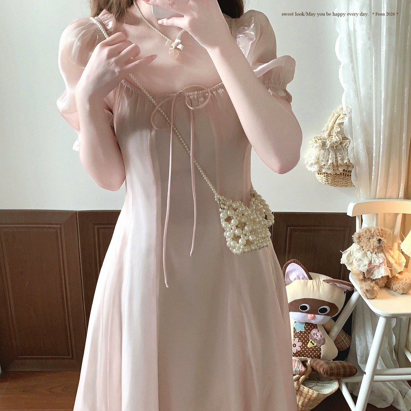 Last-Stock dod* Lace-Trim Satin-Gloss Lace-Up Square-Neck Puff-Sleeve Chiffon Dress
