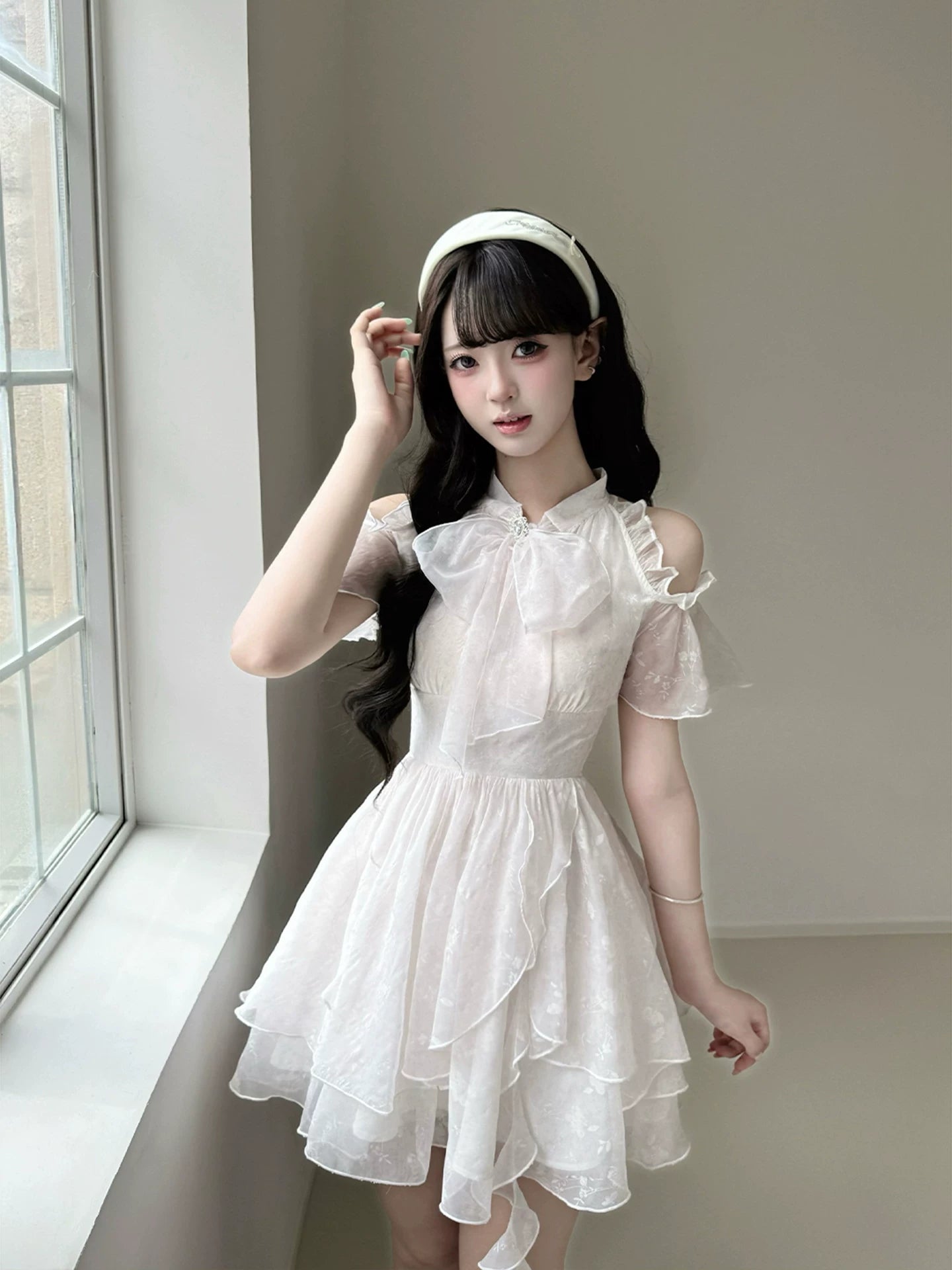 Lala Sauce “Cloud Veil” Sheer Chiffon—Clear & Classic “Gentle-Lady” Vibe Light Pink Floral Off-Shoulder Asymmetrical Mini Dress