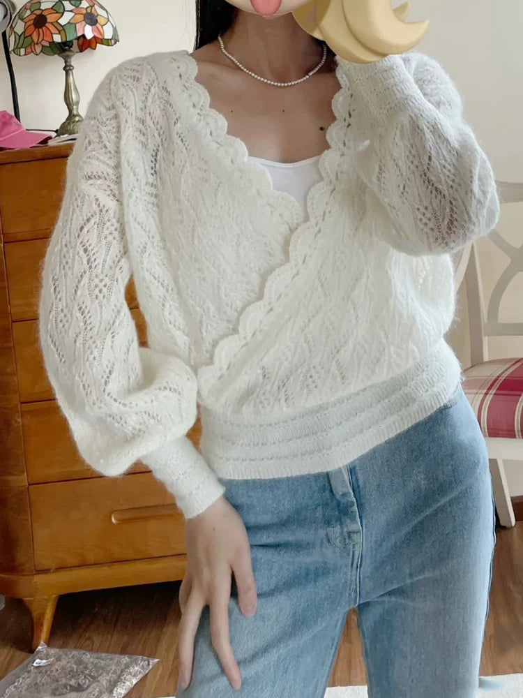 Lace Open Back Mohair Sweater | French Feminine V-Neck Knit Top for Women
