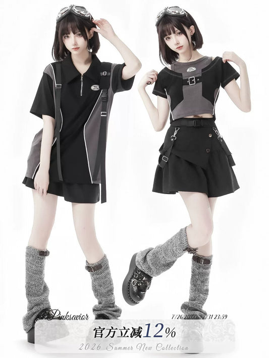 pinksavior【Fengjian】Summer Casual Lapel Contrast Letter Embroidery Youthful Short-Sleeve Set, Cool and Comfortable