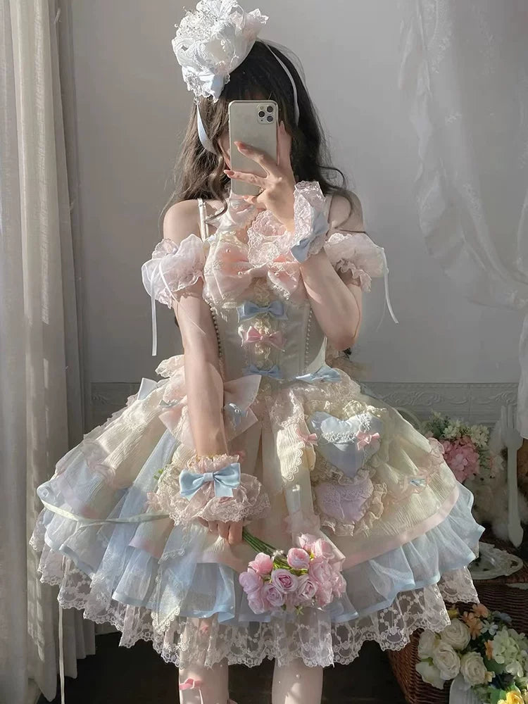 Blue-Pink Cute Ballet-Inspired Little Flower Sweet Lolita Dress With Flowy Princess Cake Skirt Lolita Outfit