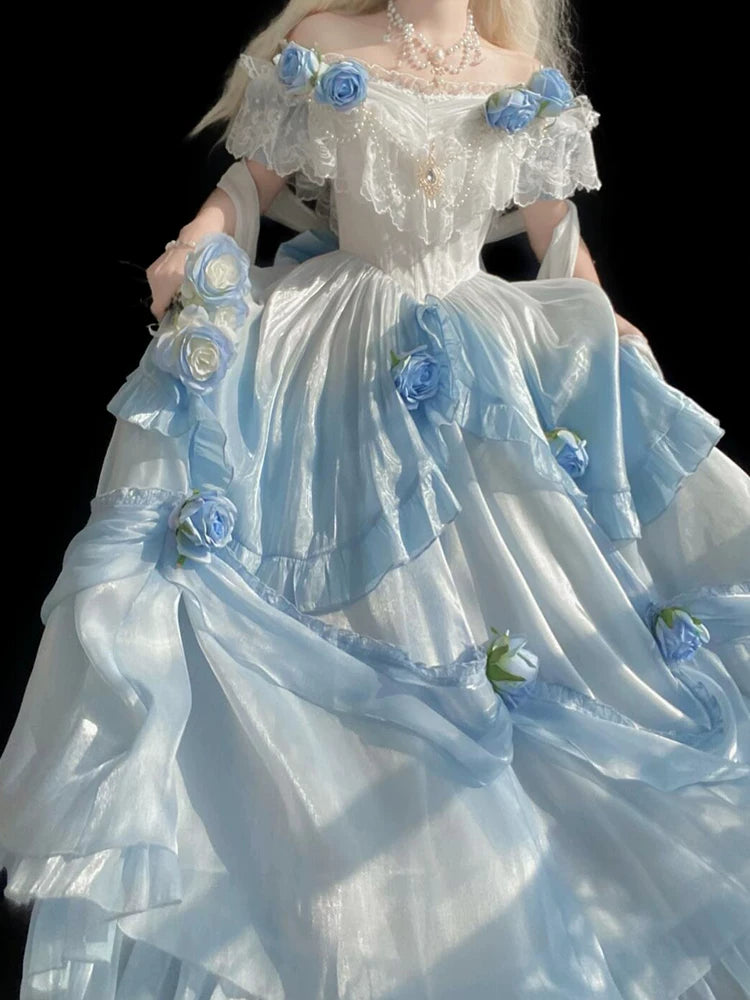Escaping Princess Gradient Blue Lolita Fairy Long Dress Elegant Lolita Courtwear—Adult Coming-of-Age Heirloom Embroidered Puff Skirt