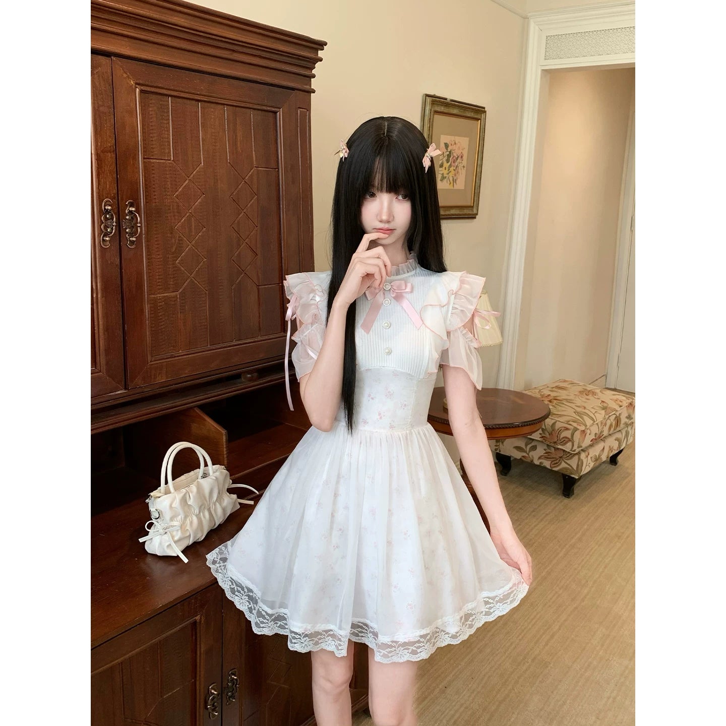 LaLa Sauce Misty Blossom Clear-Style Dreamy Floral Pearl Button-Up Dress with Pink Bow, Tiered Waist-Hugging Short Dress