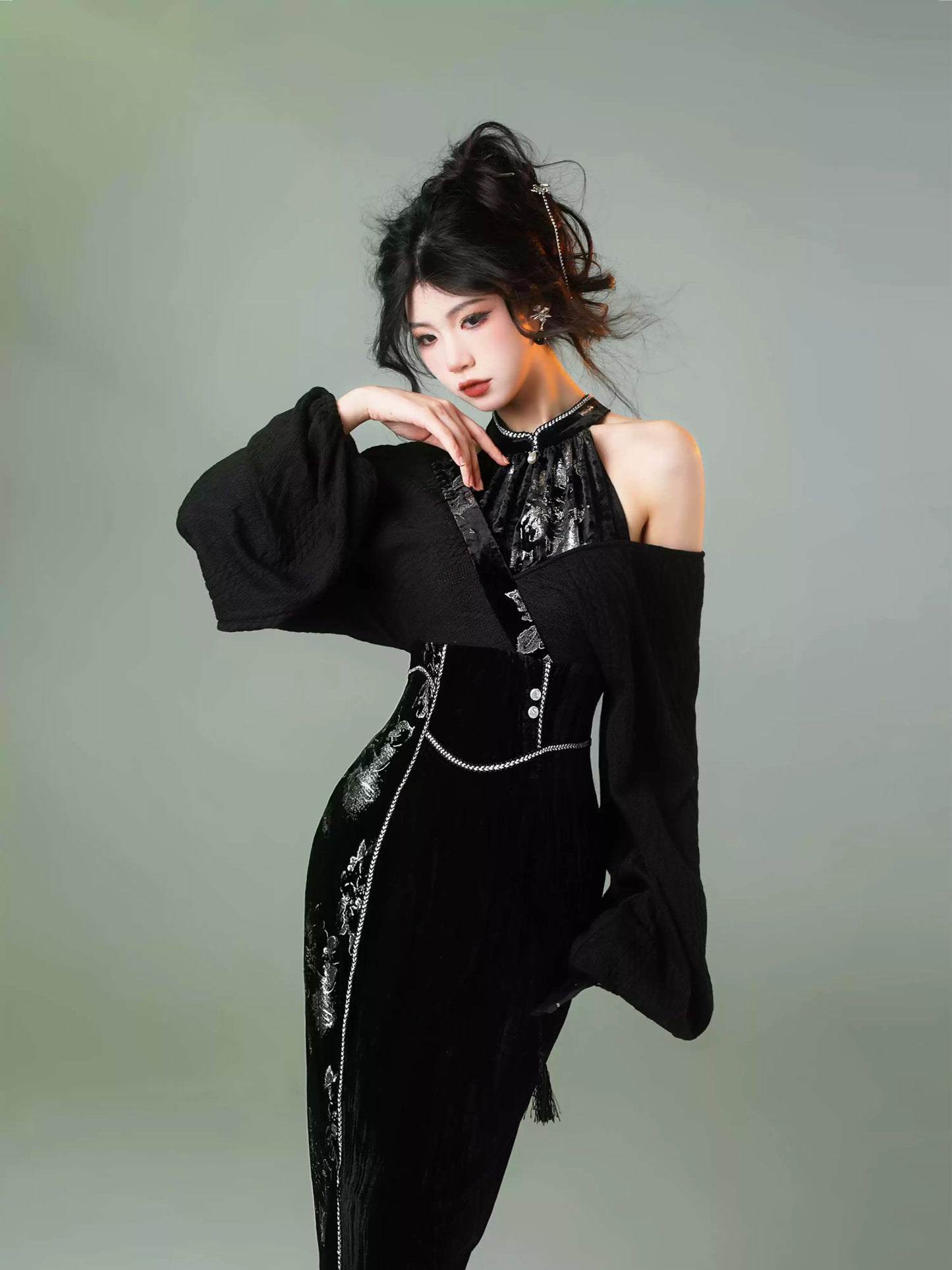 Chinese Style Silver Velvet Cheongsam Dress