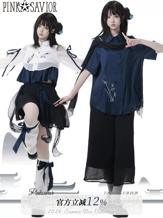 In-Stock Ready to Ship “Han Jian Bamboo Shadow” New Chinese Style Shirt Blouse Cropped Top Design—Slimming Blue-Black Colorblock