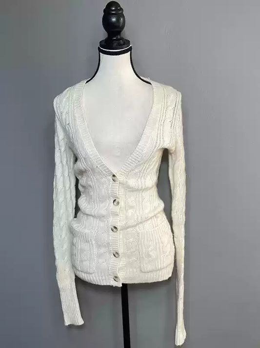 White twist V-neck knitted cardigan