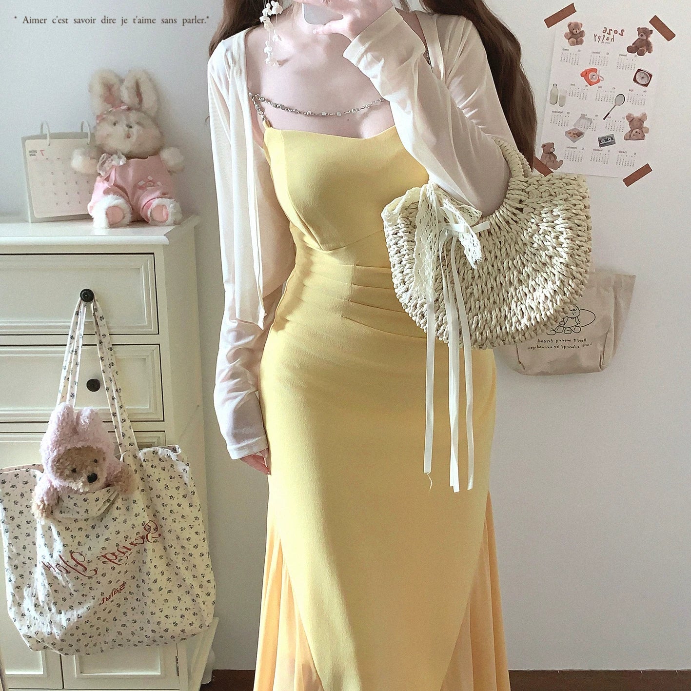 Last Stock HS Elegant Sexy Chain Pleated Slim Fitted Long Slip Mermaid Dress Set (Two-Piece)*f