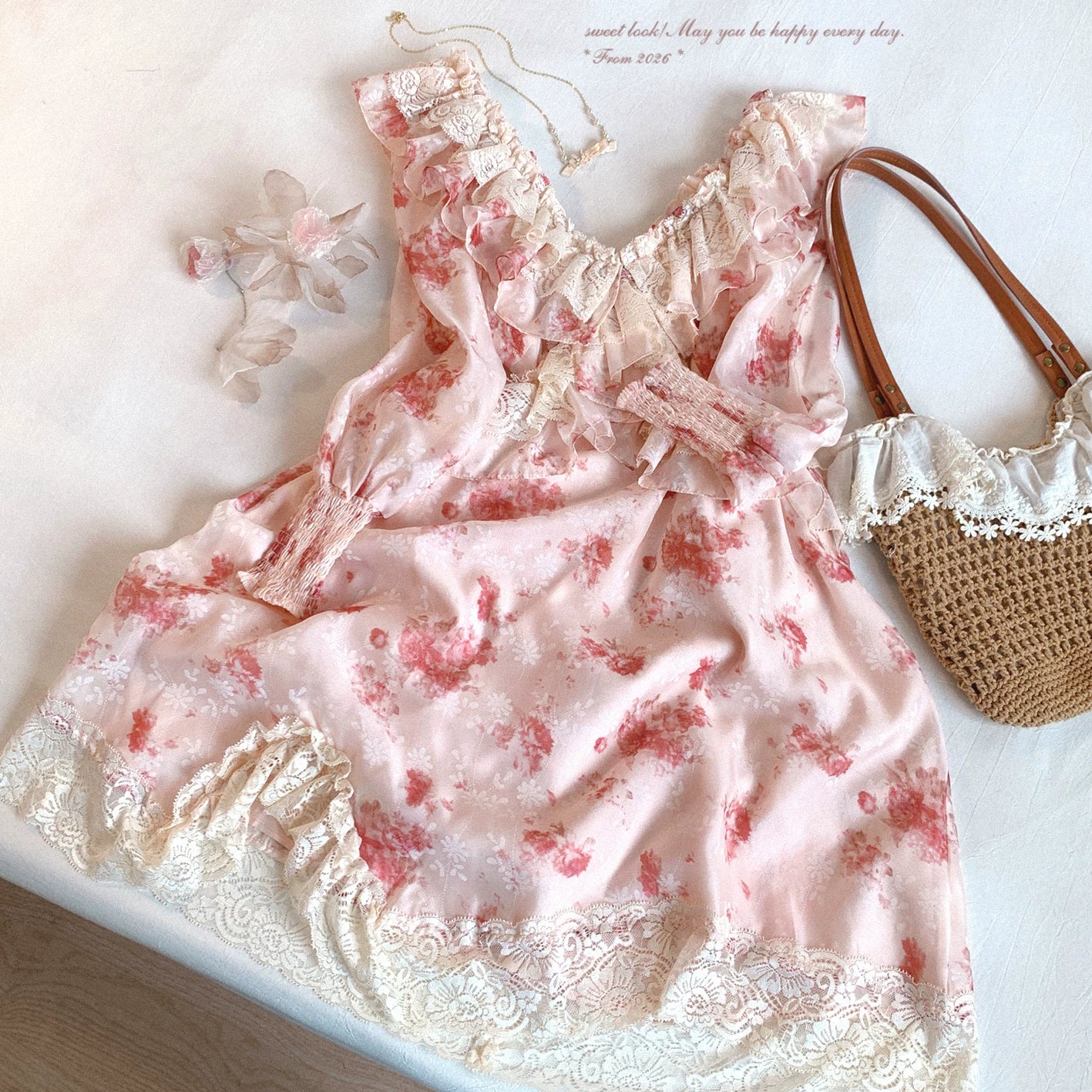 Final Stock yxt* French Vintage Lace Trim Sweet Floral Jacquard Midi Dress
