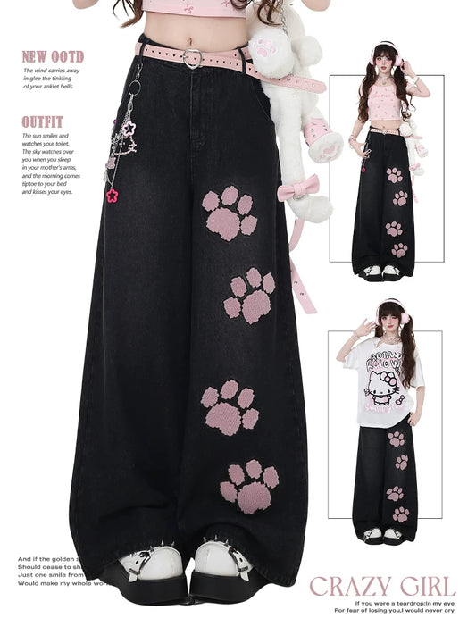 crazygirl【Cat Cat Studio】Original Embroidered Sweet High-Waist Design Straight-Leg Denim Pants for Spring & Summer