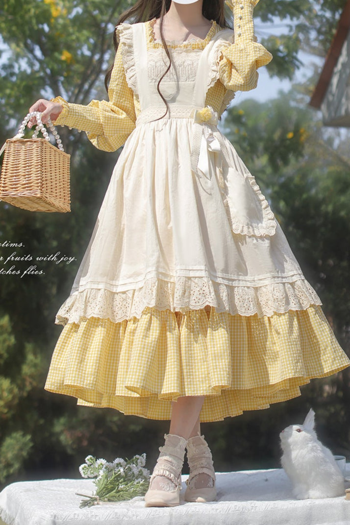 【Pre-order item】Retro Girly Yellow Dress + Apron + Ribbon