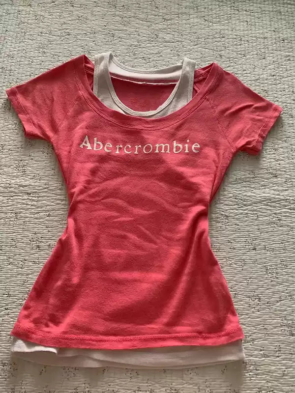 red fake two-piece printed T-shirt