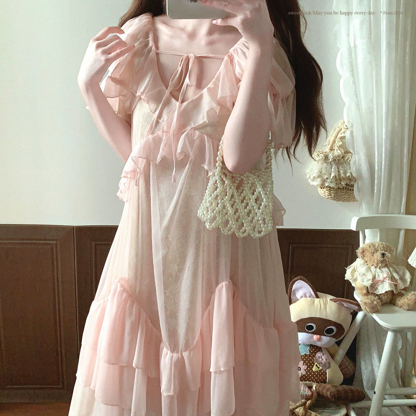 End-of-Season Item Blush Pink Romantic French-Style Ruffle Tie-Front Embellished Soft Lace Dress