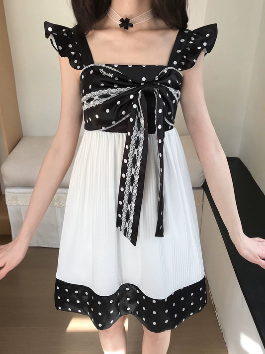 Polka Dot Satin Slip Dress | Coquette Lace Butterfly Bow Mini Dress