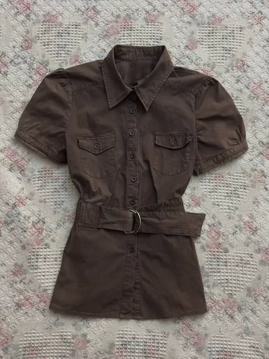 Original Vintage Brown Belted Slim-Fit Short-Sleeve Shirt, Summer for Women—Niche, Stylish & Flattering