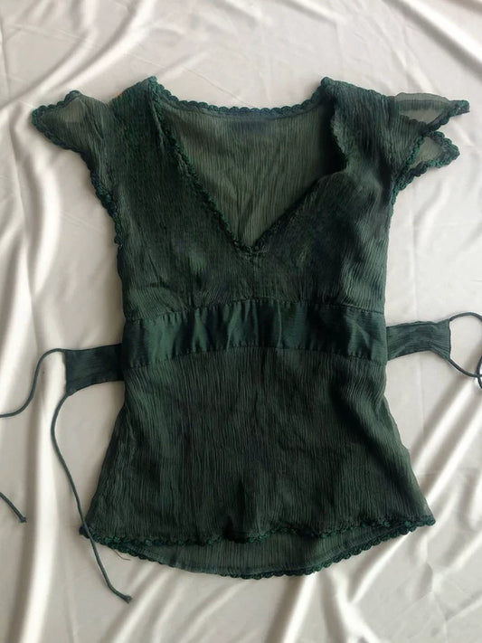 Green V-Neck Blouse Top for Women—Tie-Detail Design, Chic and Trendy, Small Blouse Style Popular This Year