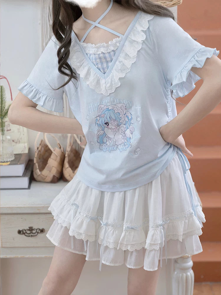 LaLa Sauce Ai Shen Cat Cat – Blue Original Design Lolita Home Outfit Flattering Slimming Skirt Set (Spring & Summer New)