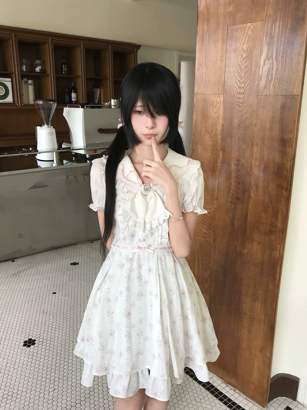 Lalalac Chacha “Hana no Akira” Floral Tea Party Dress | Navy Collar Lace Bow Waist-Slimming Sweetheart A-Line Dress for Women