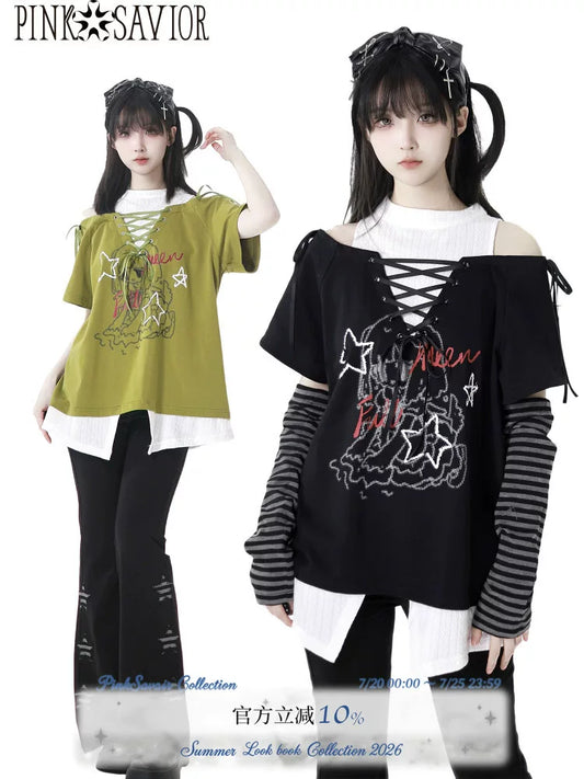 PINKSAVIOR【Dimensional Alert】Lace-Up Bandage Green Black Slimming Off-Shoulder Star Design Short-Sleeve Jumpsuit Pants