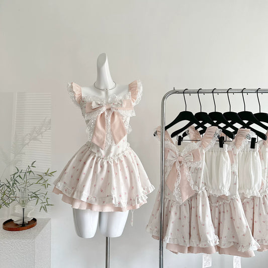 Miou Self-Made Early Autumn Sweet Summer Floral “Flower Language” Nightgown Dress Set + White Puff Shorts Dress L Single