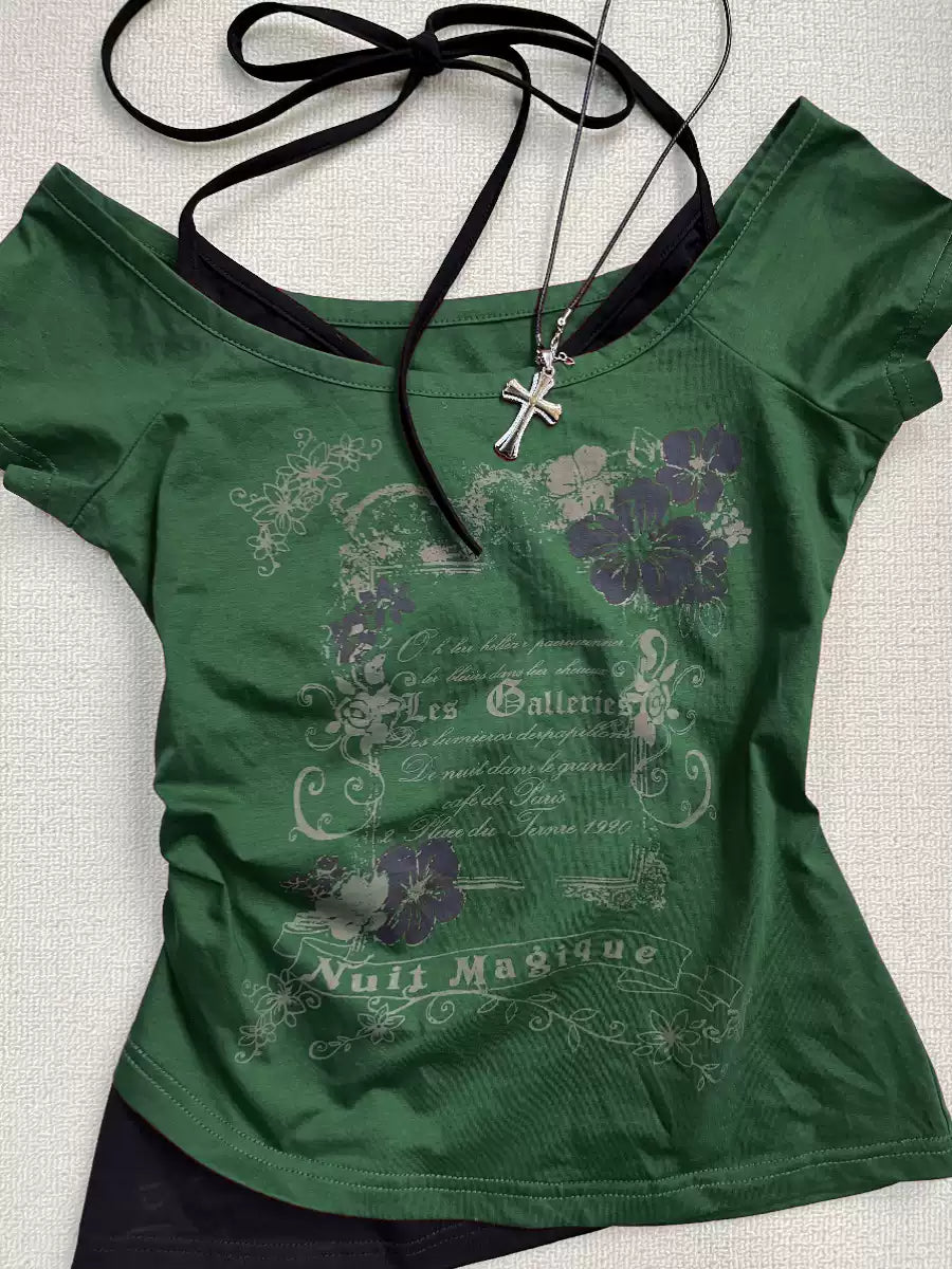 Green spliced fake two-piece T-shirt