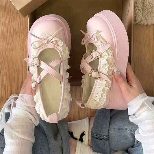 Pink Princess-Style Lolita Platform Mary Janes Shoes with Thick Heel, 2025 Summer Pink Heels with Bow Details