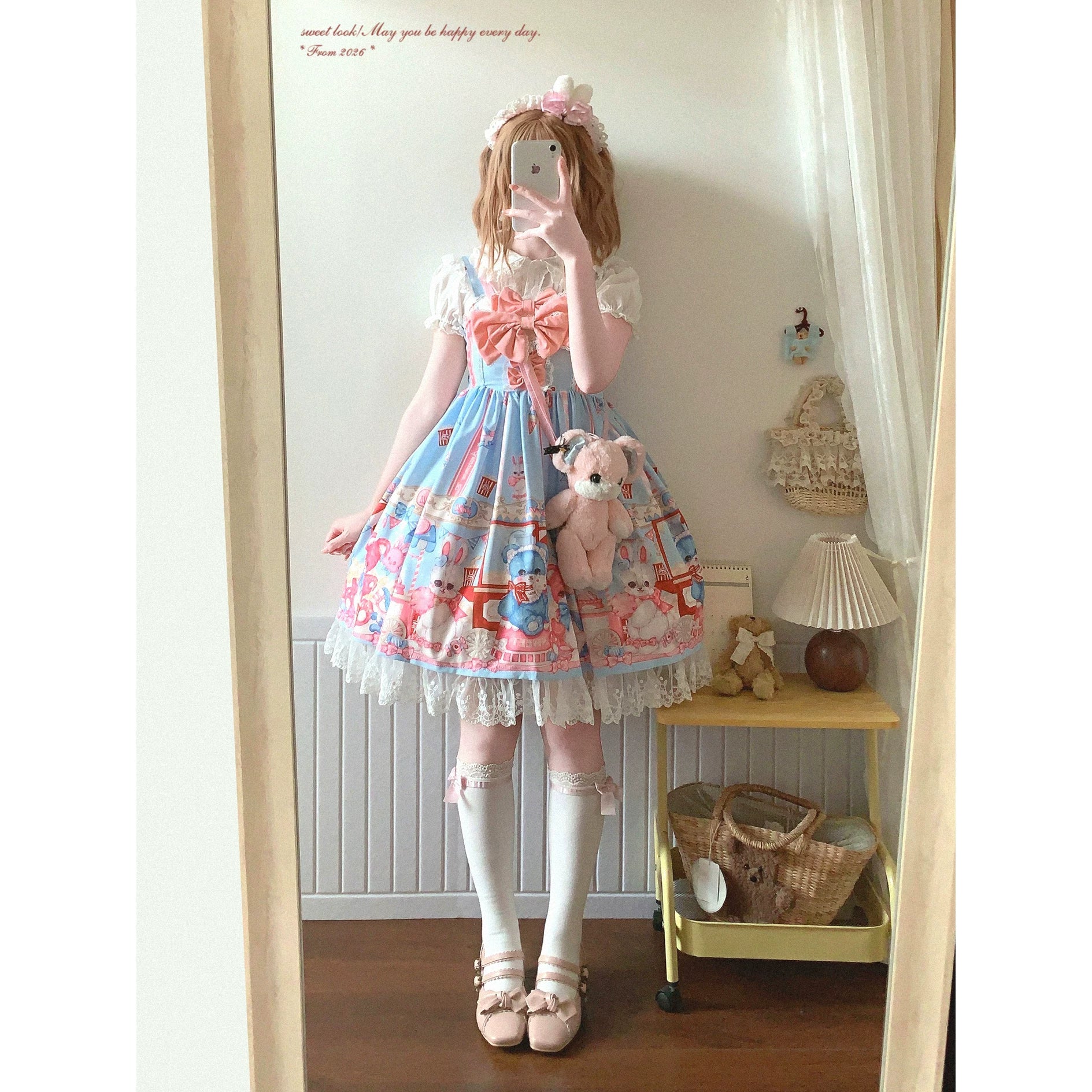 Last-Call BTSN Adorable Popcorn Bear & Bunny Print Patchwork Lace Bow Lolita Dress *f
