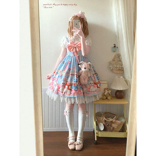 Last-Call BTSN Adorable Popcorn Bear & Bunny Print Patchwork Lace Bow Lolita Dress *f